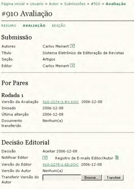 Na página da Avaliação, podem ser visualizadas as versões do editor e do(s) avaliador(es). Leia ou envie comentários através do ícone Editor/Autor.
