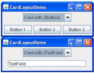 JPanel corresponde a uma carta. As cartas ﬁcam uma sobre as outras Box.createHorizontalBox(); Box.