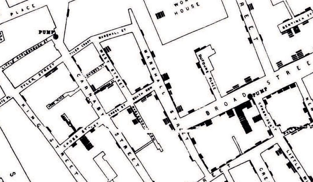 Fig. 1: Mapa de Snow (1854) - trecho comparativo entre a Broad Street e a Little Marlborough Street A partir do trabalho de Snow, a alça da bomba na Broad Street foi retirada em 8 de setembro de 1854.