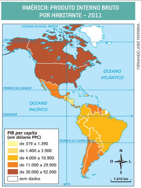 3. Observe o mapa abaixo e faça o que se pede a) Diferencie a América Anglo-Saxônica e a América Latina de acordo com o PIB per capita. b) Identifique os países com menor PIB por habitante.