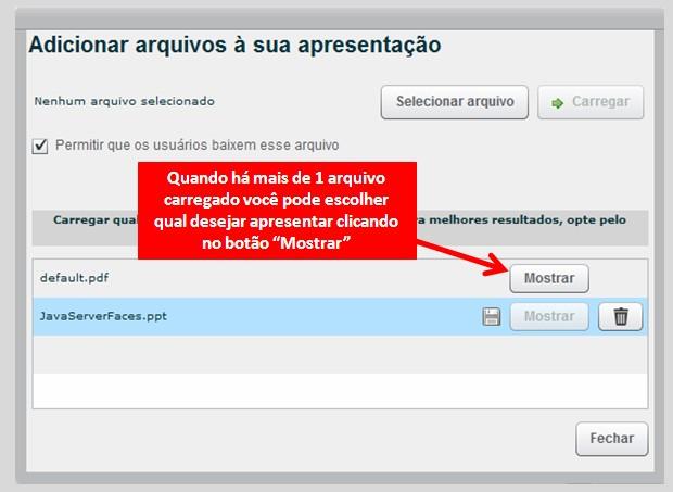 Quando um participante é promovido ao papel de Apresentador na conferência web No papel de Apresentador você pode carregar vários