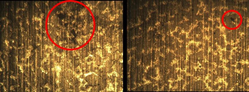 com o estanho presente na embalagem, originando as manchas. a b Figura 3 - Micrografia do fundo (a) e da tampa (b) da lata de ervilha.