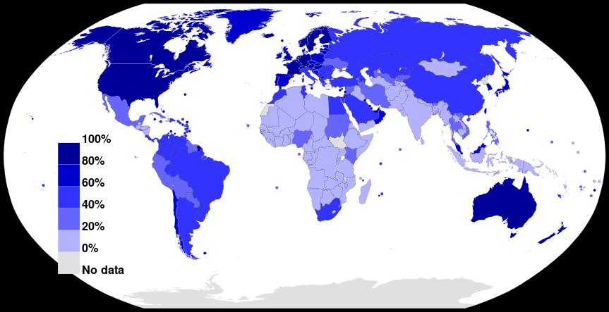 Tendências em redes e comunicações Porcentagem de usuários de Internet em relação a população total de cada país Figura: