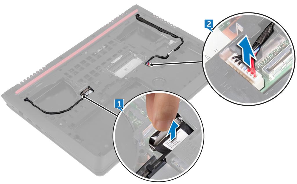 Procedimento 1 Usando a aba de puxar, desconecte o cabo da tela da placa do sistema. 2 Desconecte o cabo da porta adaptador-alimentação da placa de sistema. 3 Vire o computador e abra o monitor.