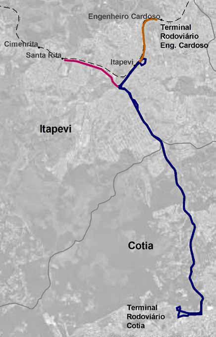 Características Gerais: Corredor Exclusivo com operação em canteiro central sem ultrapassagem e soluções verdes Alternativa B Cotia Santa Rita Alternativa A Cotia - Eng.