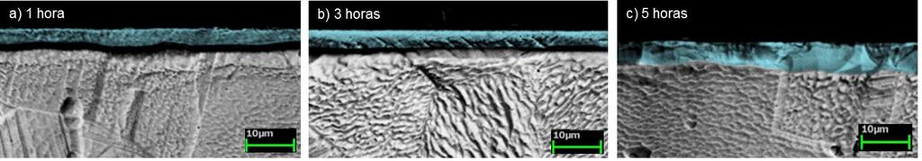 DISCUSSÕES E RESULTADOS Espessura da camada Por meio de MEV, foi possível mensurar a profundidade da camada cementada, sendo conferida a amostra um corte transversal, revelando a camadas do seu