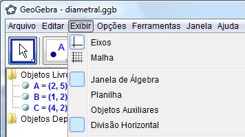 18 Capítulo 1: Conhecendo o GeoGebra dos na Janela de Álgebra na cor azul claro. A cor azul escuro é reservada para objetos totalmente livres e a cor preta para objetos dependentes.