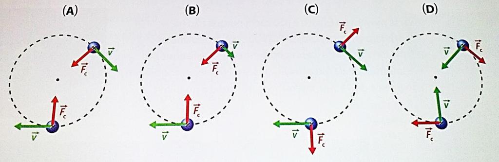 Considere o movimento de uma esfera de 5,0 kg presa a um cabo. A esfera descreve uma trajetória circular de 1,4 m de raio com velocidade de módulo constante de 7,6 m/s. 7.1. Qual dos seguintes figuras pode caracterizar o movimento da esfera?