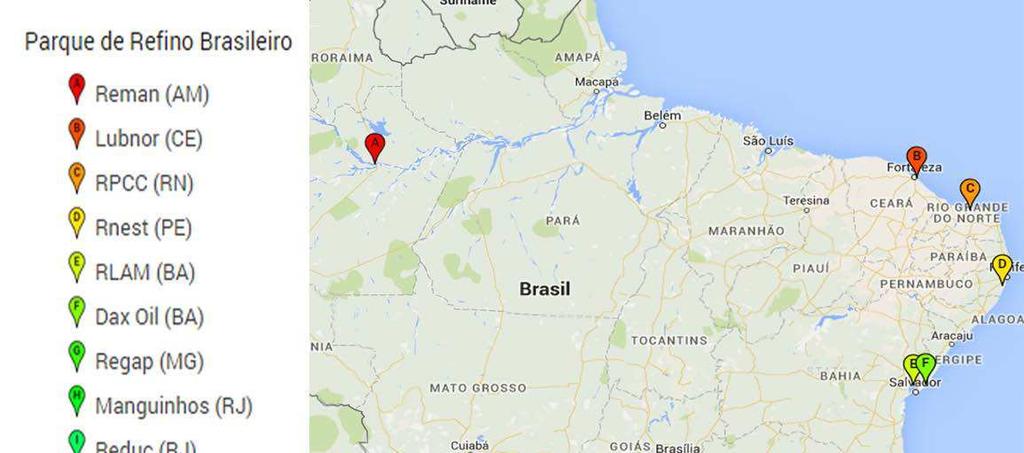 Mapa1 Localização das refinarias brasileiras e do polígono do pré-sal, 2016 Fonte: GoogleMaps(2016).