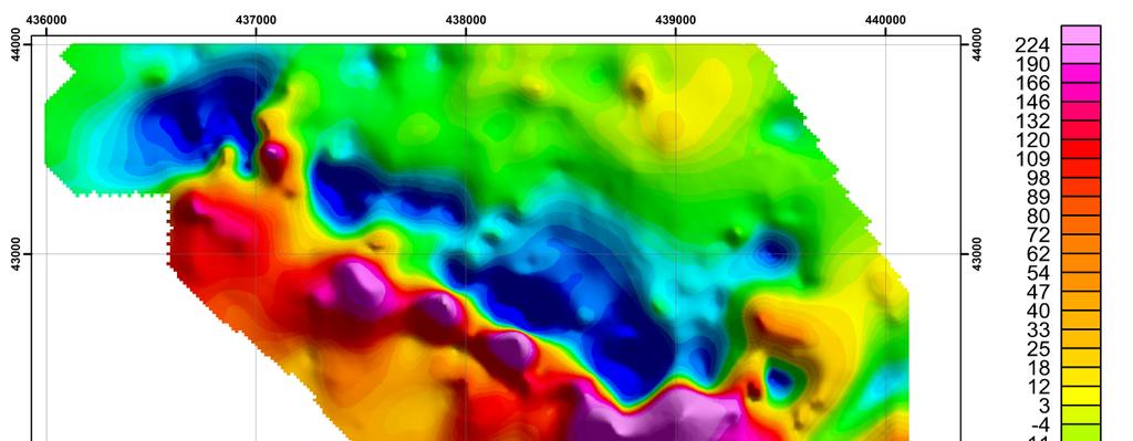 3.8 Results 3.8.1 Processing of magnetic data and characterization of the main targets After processing the raw magnetic data (Figure 18) there were obtained TMI image for Pelado Deposit.