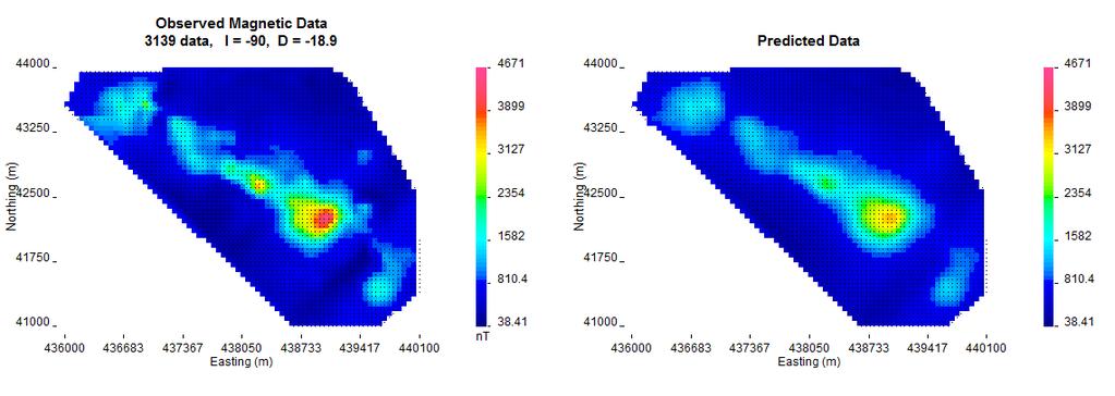 B (a) (b) Figure 30: Comparison between the real magnetic data (a) and the anomaly caused by the body modeled (b). The 3D models were cut in the profile AB.