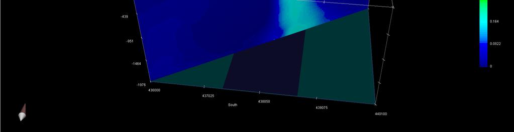 B 0.5 A 0.25 0 Figure 31: Diagonal cut (profile AB) in the susceptibility block showing the NE dip of modeled body. In the figure we can see a long vertical extension.