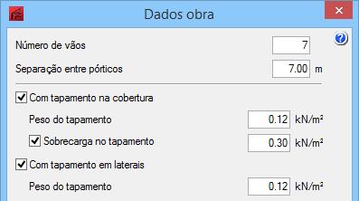 Active a opção Com tapamento na cobertura e coloque o valor de 0.12 kn/m 2 como peso do tapamento.