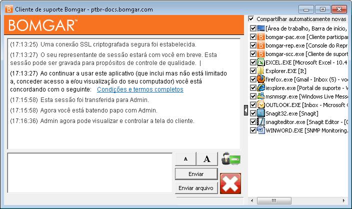 Partilha de aplicações Quando solicitar a partilha limitada de ecrã, é apresentada uma janela de selecção à frente da janela de chat do cliente.