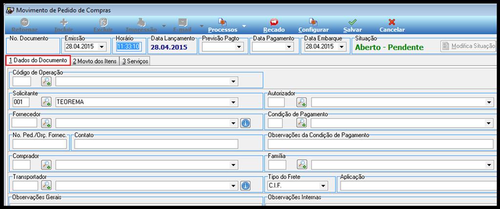 Figura 16 Dados do Documento. Na aba 2 Movto dos Itens, Figura 17, informar os itens que vão compor o Pedido de Compra.