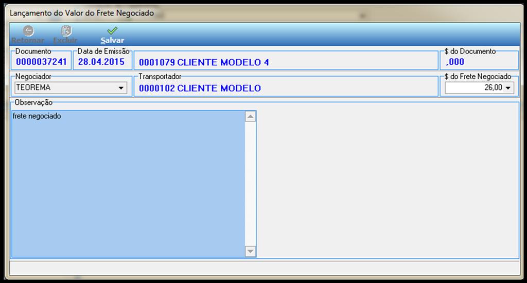 Figura 25 Lançamento de Frete Negociado. As informações de tipo de frete C.I.F ou F.O.