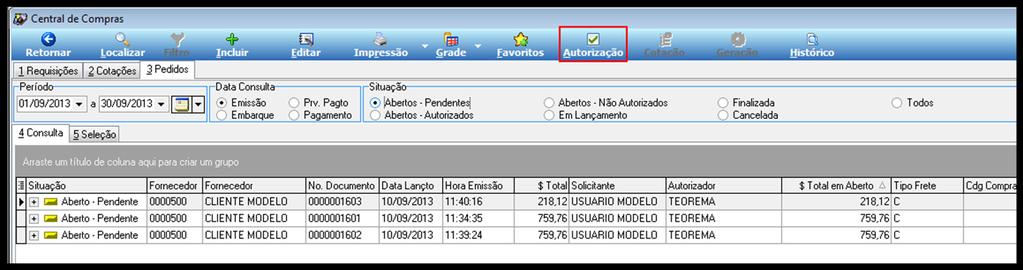 Figura 32 Central de Compras - Abertos e pendentes de autorização.