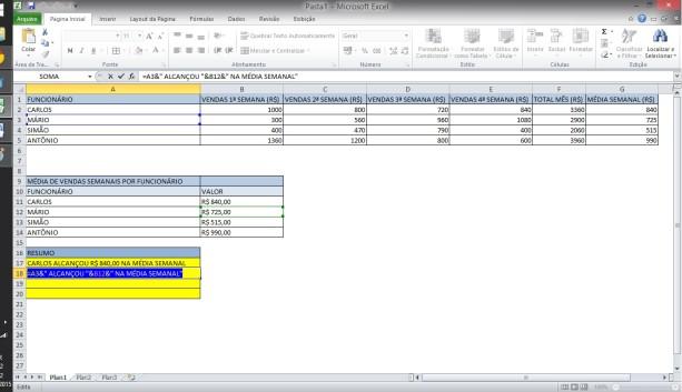 A diferença é que agora não será necessário digitar =CONCATENAR. Tão somente insira = e após a célula A3 que refere-se ao nome do funcionário CARLOS e em sequência digite &.