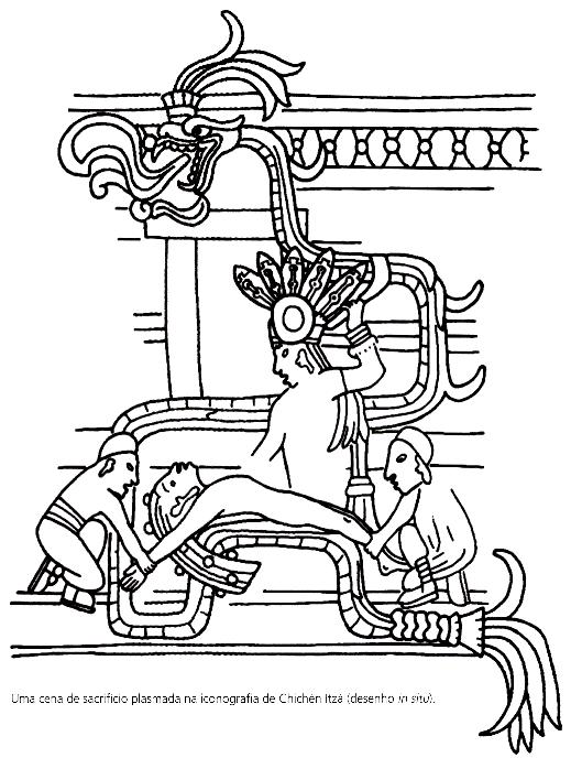 Yaxcbilán, em que uma soberana ajoelhada diante do rei passa por sua língua uma corda eriçada de espinhos.