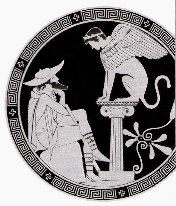 Detalhe do kylix (espécie de cálice) ilustrando o encontro de Édipo com a Esfinge. Hierarquias Essa aversão ao poder não significa, contudo, que não houve hierarquias.
