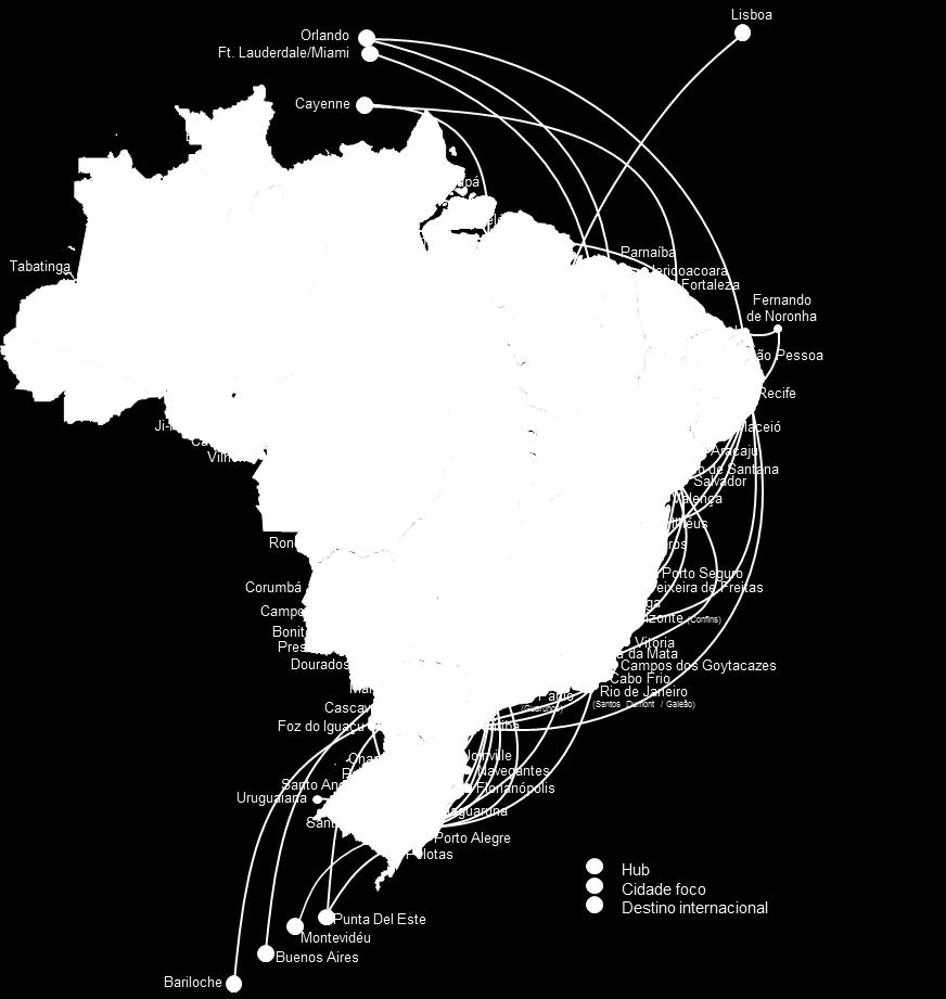 Visão Geral da Azul Acreditamos ser a companhia que cresce mais rápido, com maior rentabilidade e melhor posicionamento no Brasil #1 em destinos atendidos (mais de 100) #1 em 87% das rotas atendidas