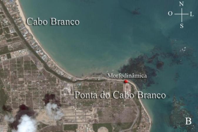 conhecida como ponto mais oriental das Américas) Figura 1. (A) Localização das praias urbanas de João Pessoa (B) e aproximação do ponto de estudo. Fonte: Google Earth em 25 de setembro de 2008.