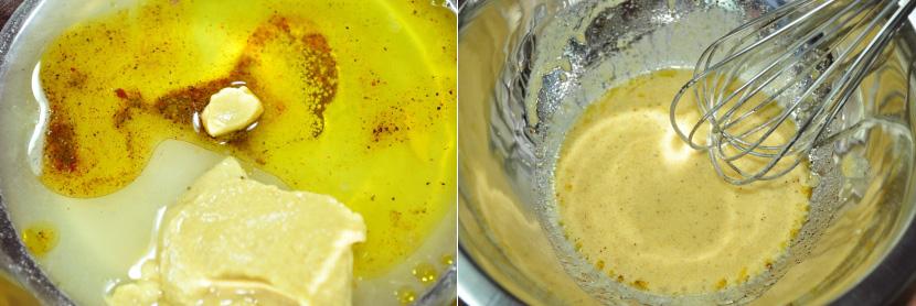 Em uma tigela, adicione o suco de limão, a mostarda dijon, o azeite de oliva, o sal, a pimenta do reino e a