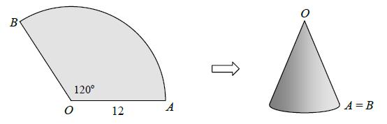 Questão 32. Pedro recorta em uma folha de papel um setor circular OAB de raio 12cm e ângulo de 120º Juntando e colando os raios OA e OB ele faz um cone como mostra a figura abaixo.