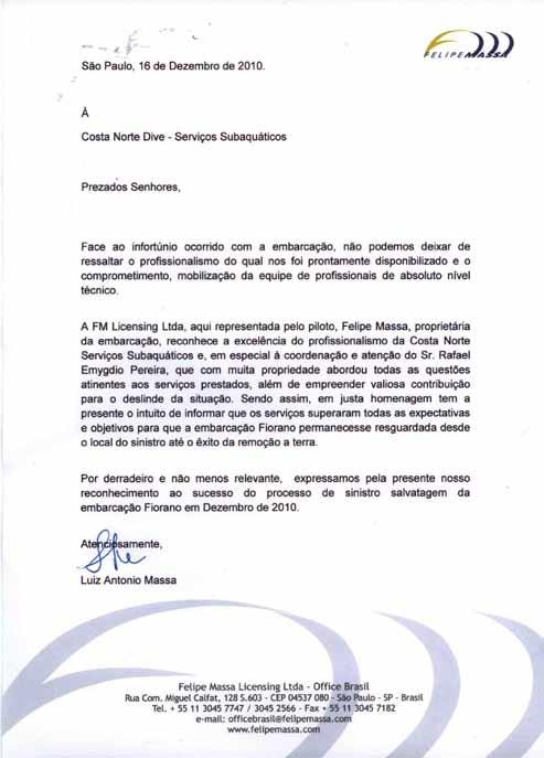 Carta de Felipe Massa em agradecimento ao