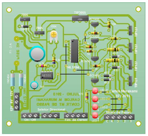Figura 5 Layout da placa de comando do motor Fonte: Autoria do autor Circuito de comando do motor O circuito é baseado em um integrado oscilador NE-555 configurado de forma a gerar pulsos