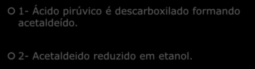 Fermentação alcoólica 1- Ácido pirúvico é descarboxilado formando acetaldeído.