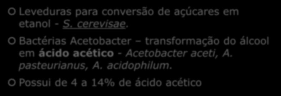 Produção de vinagre Leveduras para conversão de açúcares em etanol - S. cerevisae.