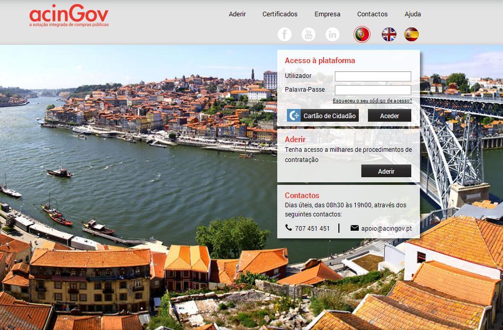 3.3 EXEMPLO DE ACESSO À PLATAFORMA VIA CERTIFICADO O acesso a plataforma é efetuado através do site www.acingov.pt Fig.