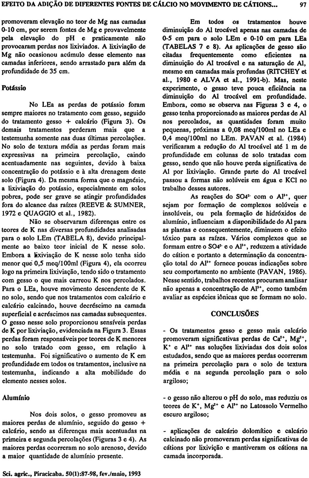 promoveram elevação no teor de Mg nas camadas 0-10 cm, por serem fontes de Mg e provavelmente pela elevação do ph e praticamente não provocaram perdas nos lixiviados.