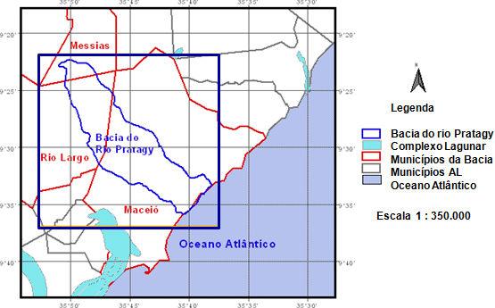 O rio Pratagy, curso d água principal, tem suas nascentes na Zona da Mata alagoana, nas proximidades da sede urbana de Messias, a uma altitude de aproximadamente 150m. Figura 3.