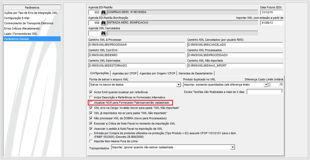 Tratamento NCM Quando a opção de Atualizar NCM está ativa, ao importar a nota, o NCM cadastrado para o produto será atualizado para o informado na nota. Caso o NCM não exista na base, será cadastrado.