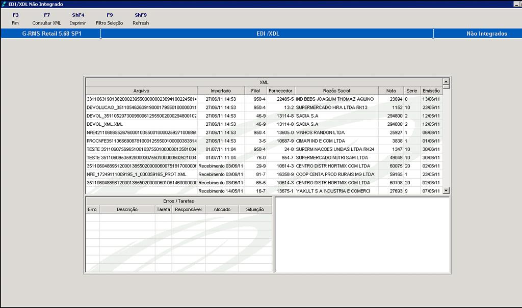 Consultas dos XML s não Integrados /Atualizadas Esse programa possibilita analisar os XML não integrados ou integrados, mas que a agenda ainda não tenha sido atualizada.