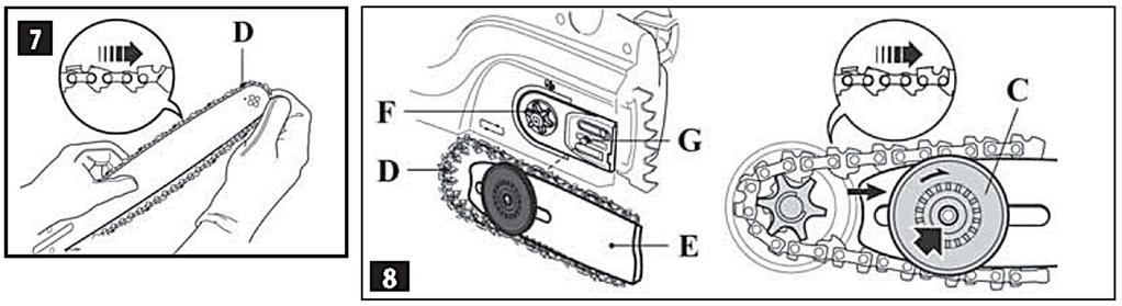 Certifique-se que o disco esticador da corrente (C), no sabre (E), esta regulado para a posição correta, gire para a direita se necessário (Fig.