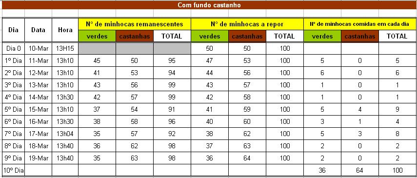 Relativamente à actividade experimental com o fundo de cor castanha, os dados são apresentados na tabela seguinte.