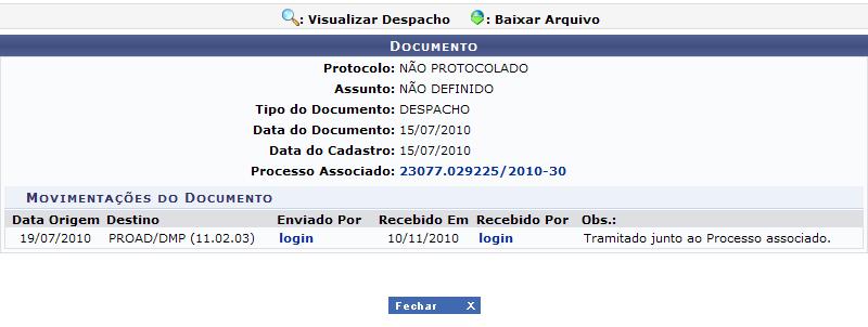 Clicando no número do Processo Associado será apresentada uma tela com os dados do processo, da mesma forma como foi explicado acima. Clique em para fechar a janela.