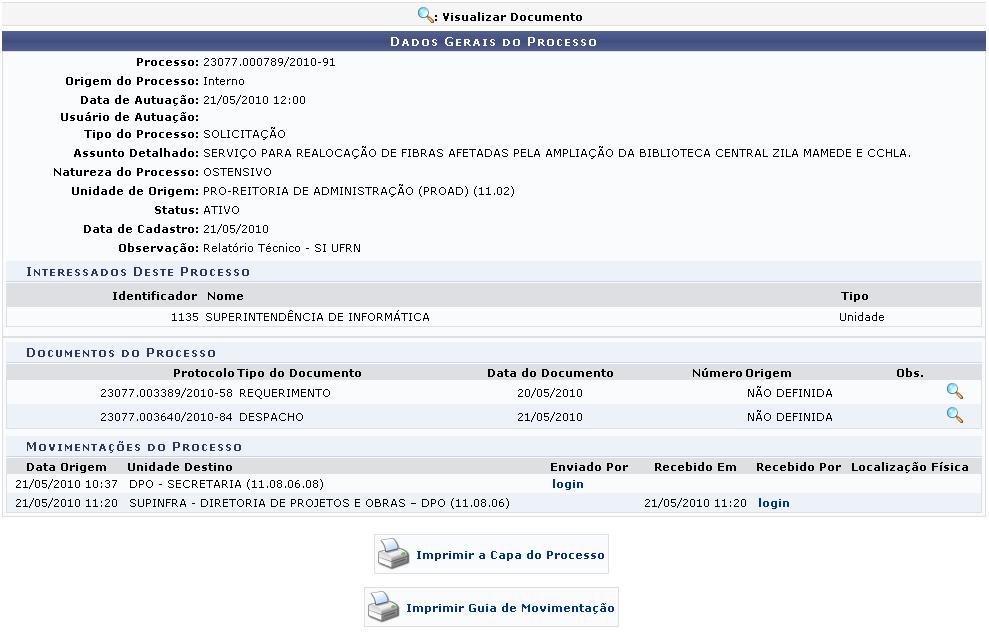 mostrado a seguir:, o Nessa página o usuário poderá visualizar os detalhes do usuário que enviou ou recebeu o processo, clicando em.