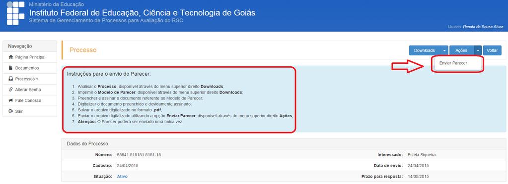 envio do Parecer. Figura 17 Tela de visualização do Processo Ao clicar na opção Enviar Parecer a tela da Figura 18 é apresentada.