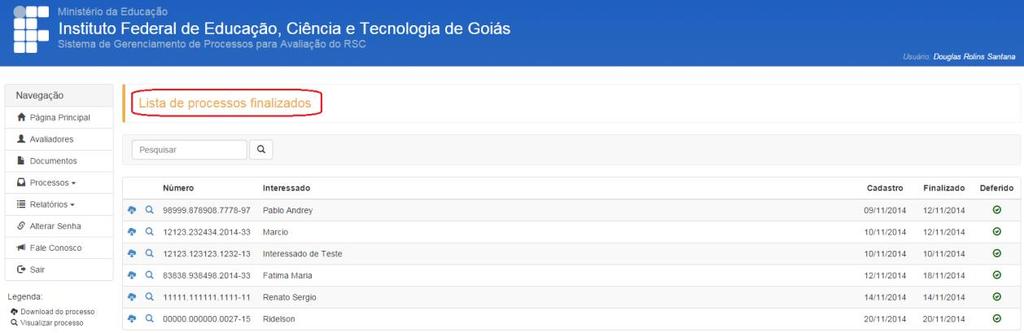 Figura 20 Tela de Consulta de Processos Finalizados Depois que um processo já teve os pareceres enviados por todos os seus avaliadores ele pode e deve ser finalizado no sistema.