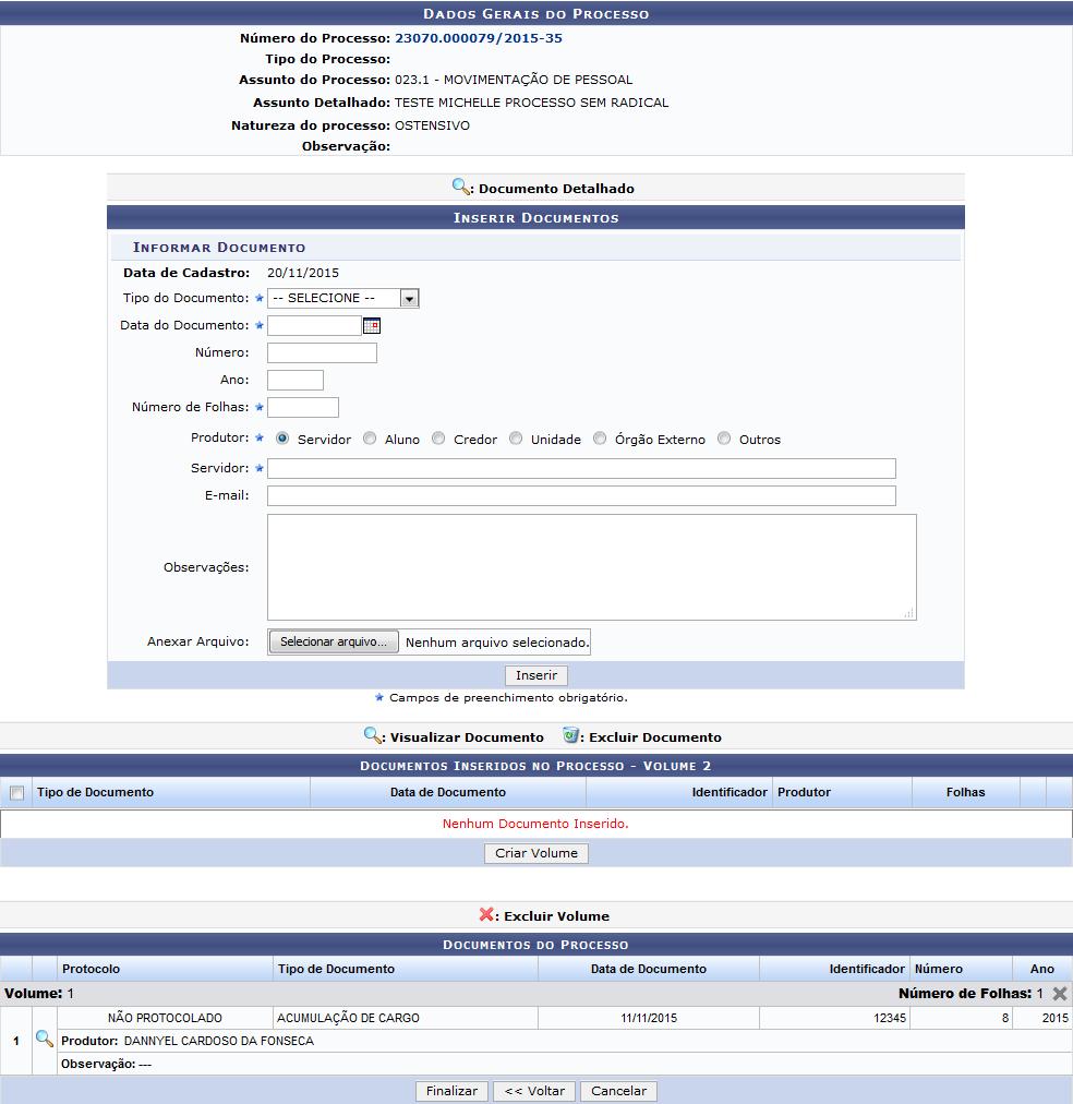 Na página acima, o sistema apresenta o formulário para inserção dos Documentos do Processo.
