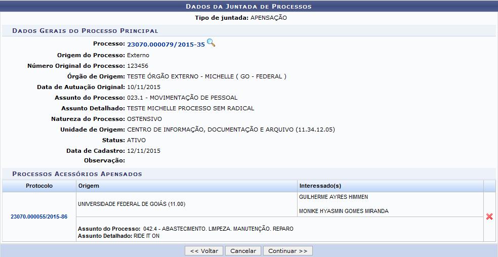 Na tela acima, selecione os processos que serão juntados ao projeto principal que foi escolhido, conforme exemplificado na imagem.