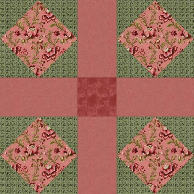 Bloco 36: Jardim do Éden (Garden of Eden Block) - Tecido rosa floral 4 quadrados de 13 x 13 cm - Tecido rosa médio 4 retângulos de 7 x 13 cm - Tecido rosa forte 1 quadrado de 7 x 7 cm - Tecido verde