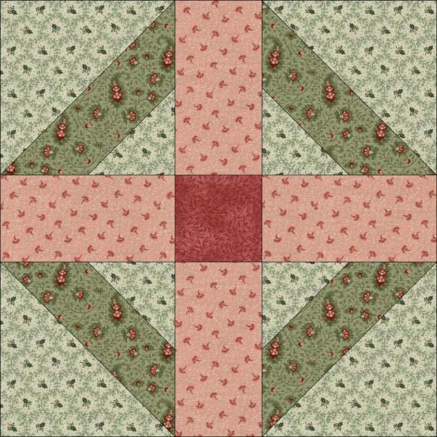 Bloco 37: Muralhas de Jericó (Walls of Jericho Block) - Tecido rosa forte 1 quadrado de 7 x 7 cm - Tecido rosa claro 4 faixas de 7 x 13 cm - Tecido verde médio 2 quadrados de 14 x 14 cm - Tecido