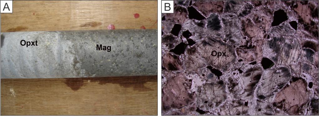 26 Figure 10 - Photographs and photomicrographs of representative rock textures of orthopyroxenite, magnetite orthopyroxenite and