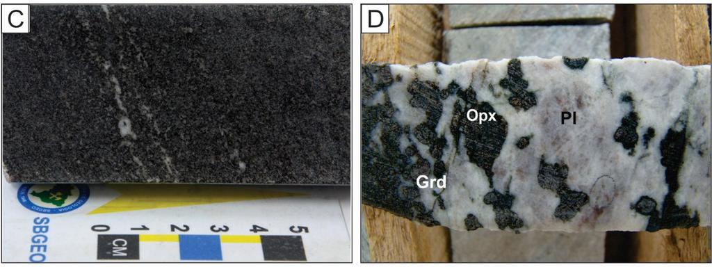 A) Photomicrograph of norite with adumulus texture; B) Photomicrograph of norite with abundant apatite.