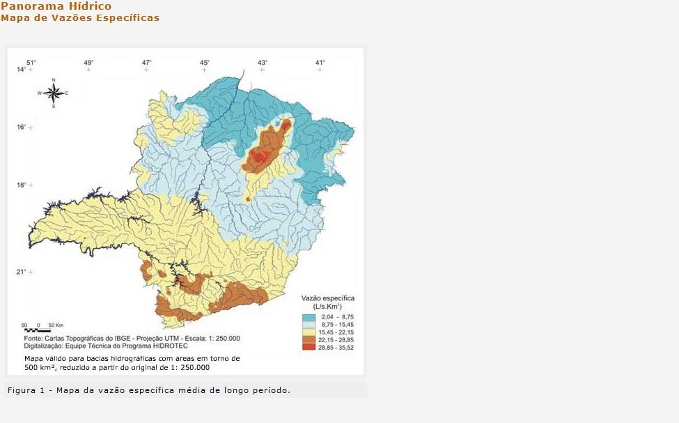 Figura 24 Panorama hídrico Mapa da vazão específica média de longo período no Estado de Minas Gerais L/s.